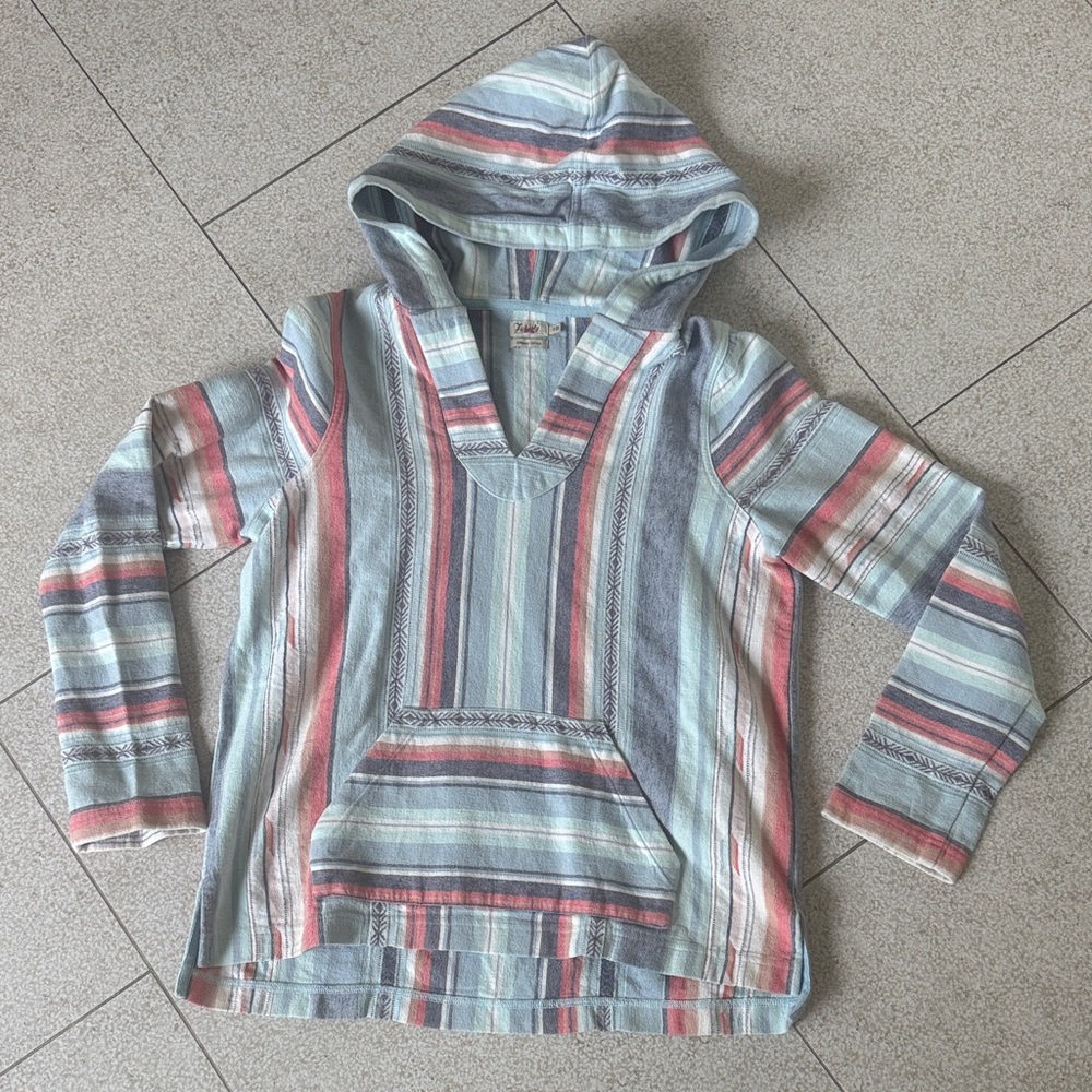 Faherty Striped Hooded Pullover in Light Blue, Coral & Gray